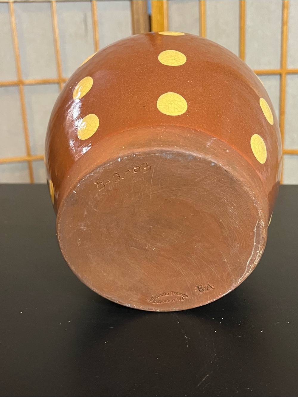 Vintage 2003 redware ceramic polka dot pitcher vase Wisconsin Pottery 8" - Picture 6 of 8